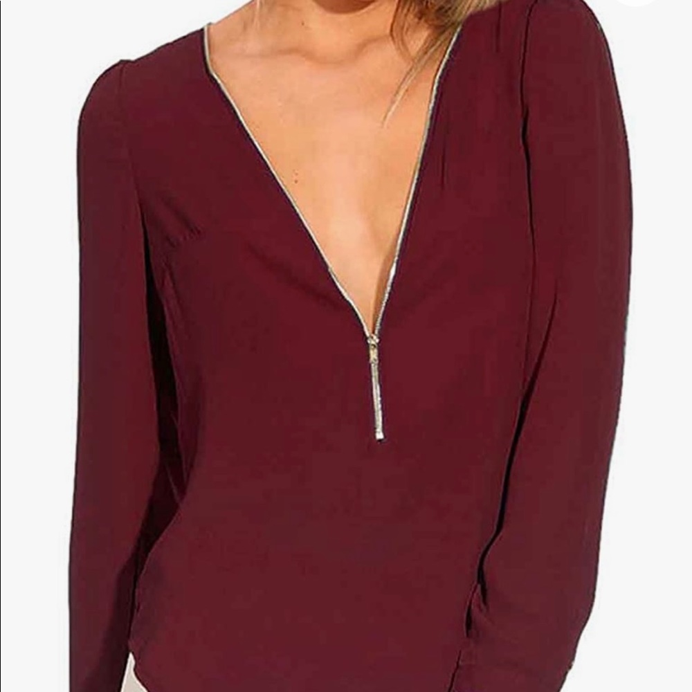 FACE N FACE Women's Chiffon Long Sleeve V Neck Zipper Shirt Blouse